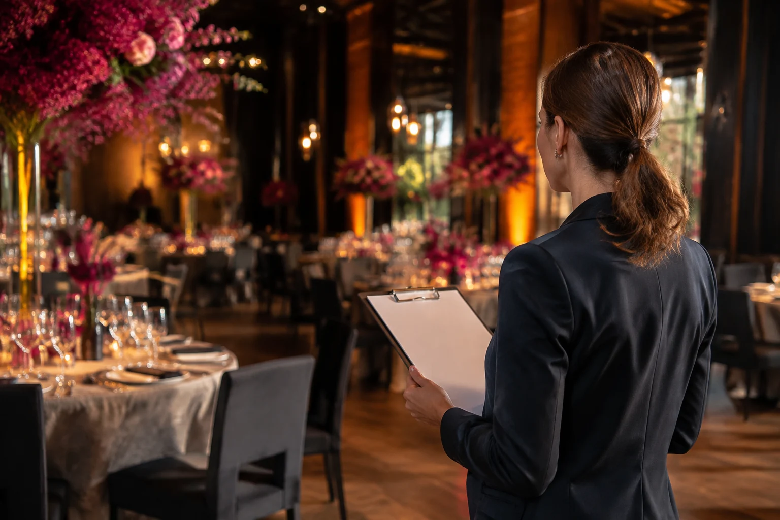 Illustrative image of an event organiser checking a prepared venue